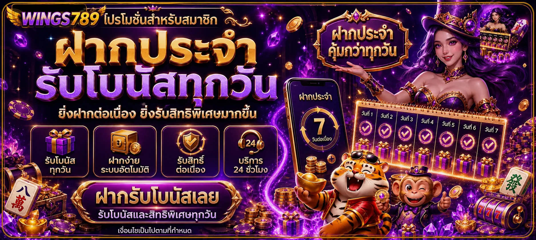 แบนเนอร์ WINGS789 ฝากประจำพร้อมตัวละคร Fortune Tiger